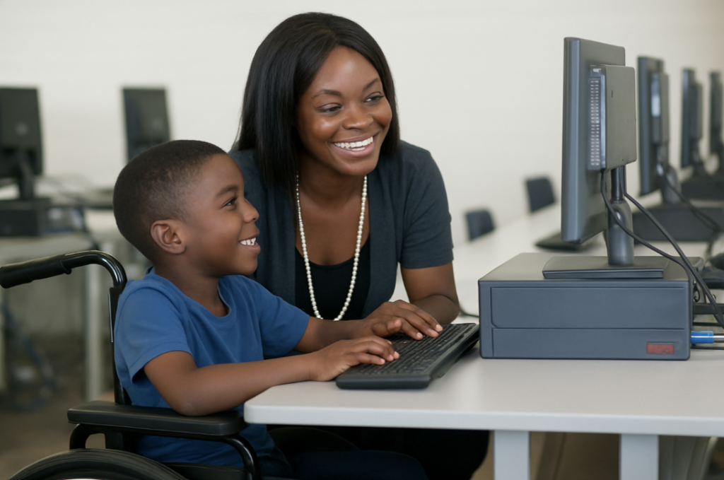 An image showing a child in a wheelchair and a teacher assistant looking at a computer while smiling.